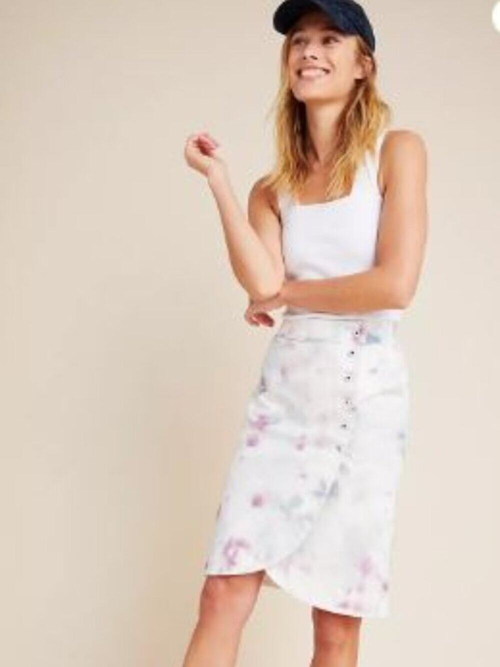 Anthropologie Kimmie Tie Dye Tulip Midi Skirt Small 4 Asymmetrical Cotton Denim